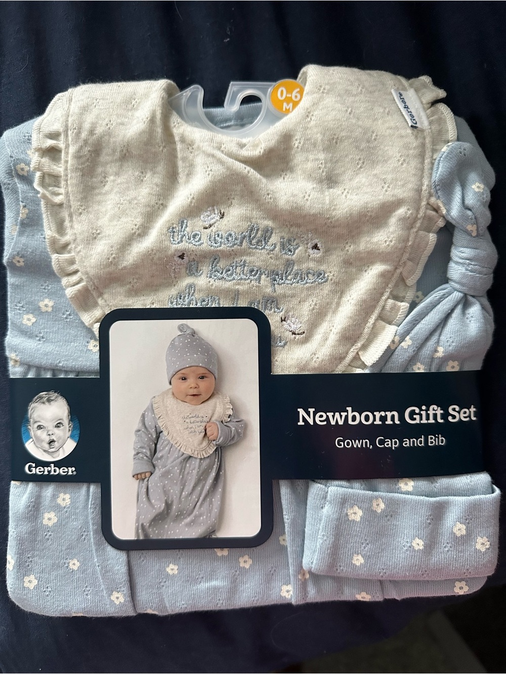 Gerber Light Blue Newborn Gown, Cap & Cream Bib Set